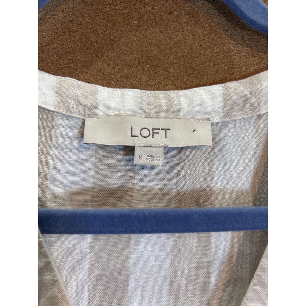 LOFT Striped Button Front Dress Womens 8 Beige White Puff Sleeve Excellent - Picture 4 of 6